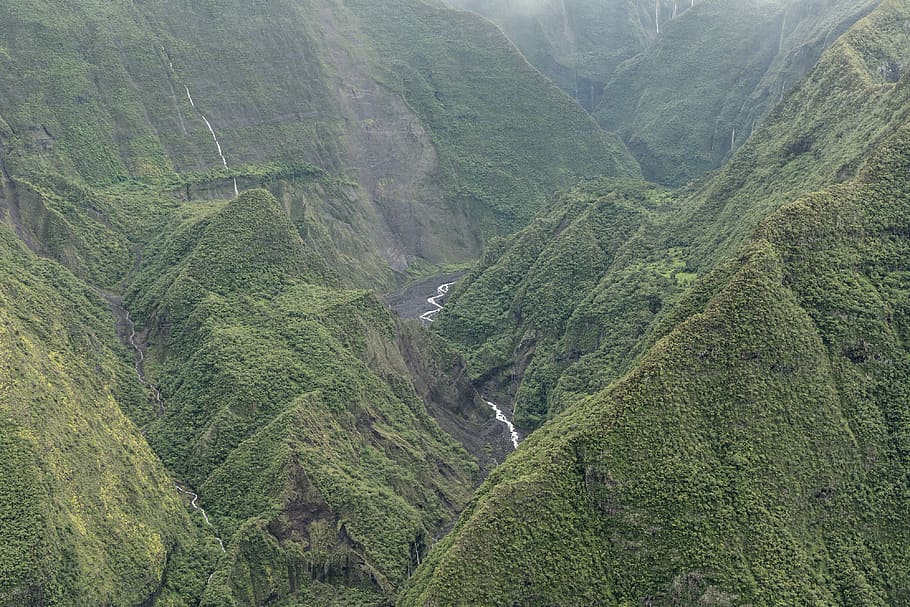 aerial photography of green mountain, green mountains, valley HD wallpaper