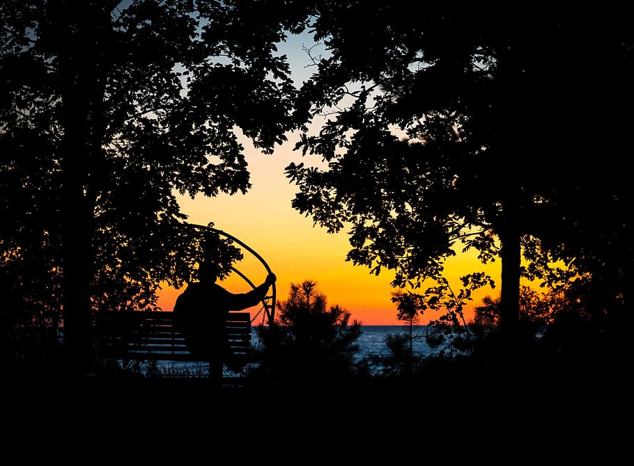 trees, sunset, silhouette, man, bench, swing, plant, orange color HD wallpaper