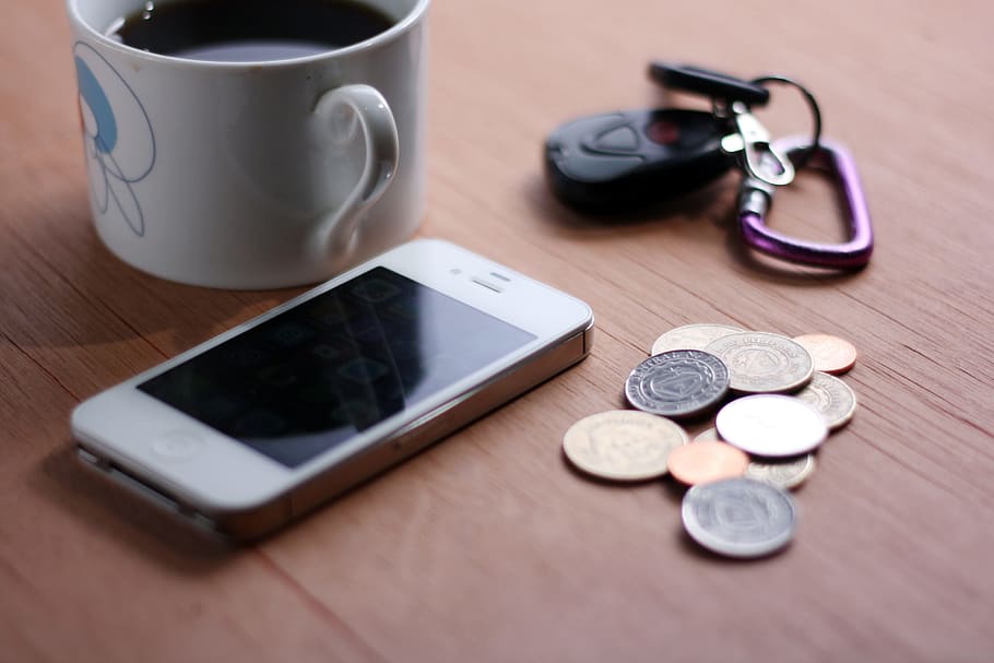 technology, gadgets, iphone, smartphone, mobile, coins, keys HD wallpaper