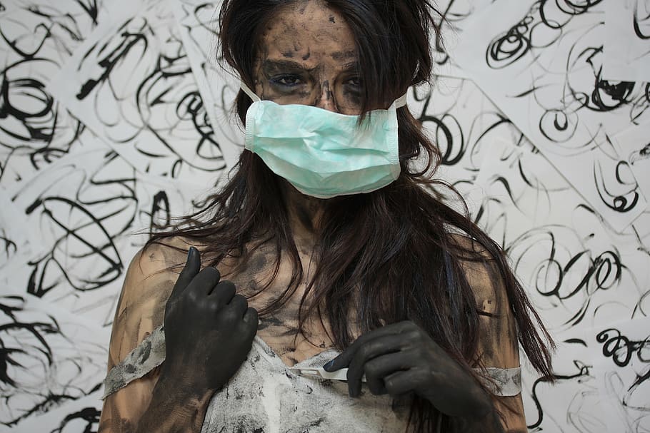 woman wearing medical mask, women's, model, down, fine arts, fiction