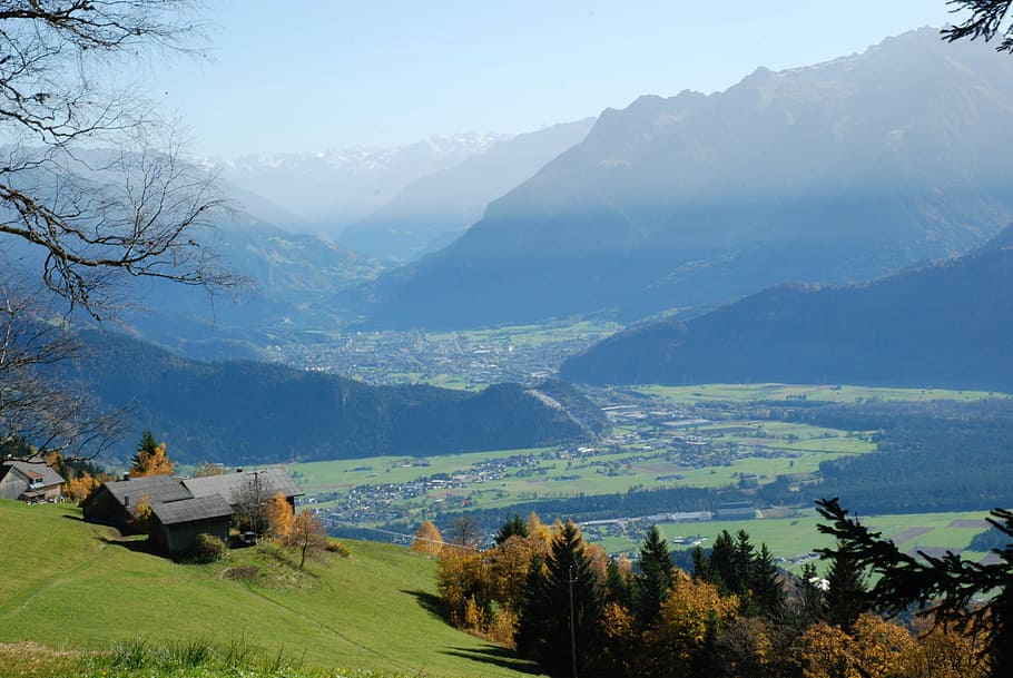 nature, mountain, landscape, tree, panorama, sky, hill, grass HD wallpaper