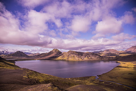 body of water in the middle of mountains, skyline photography of lake unde cloudy sky HD wallpaper