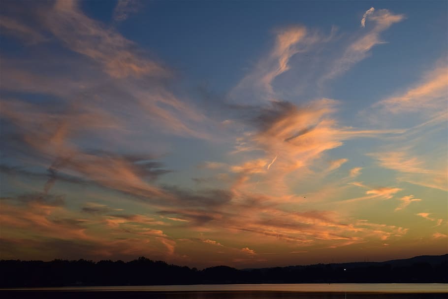 sunset, lake, landscape, sky, clouds, nature, water, reflection HD wallpaper