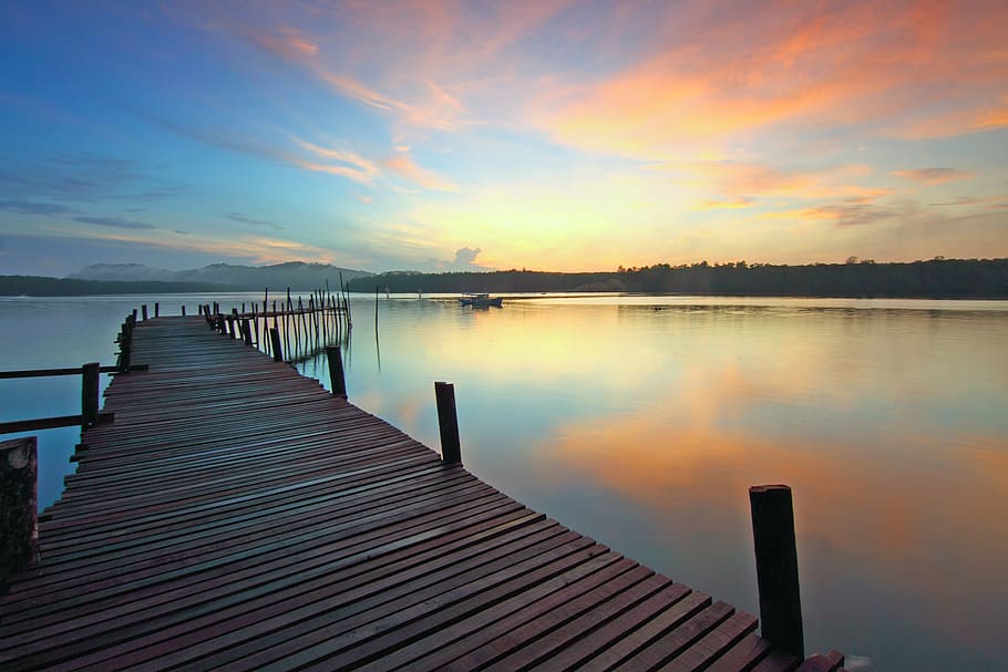 clouds, dawn, dock, dusk, jetty, lake, nature, sky, sunset HD wallpaper