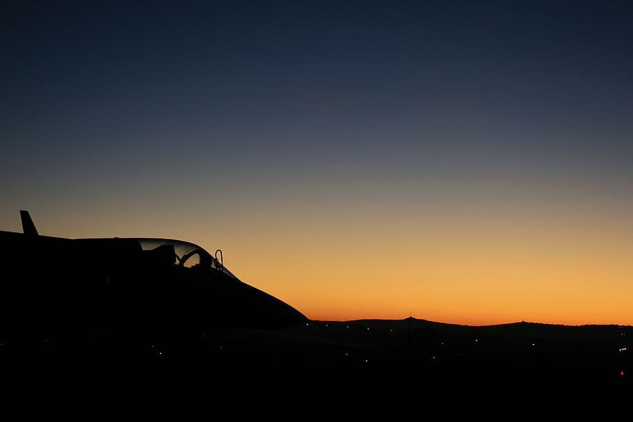 jet, aircraft, dawn, sky, glow, fighter, silhouette, air show HD wallpaper