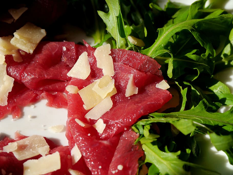 Carpaccio, Beef, Raw Meat, Rocket, parmesan, cheese, food and drink HD wallpaper