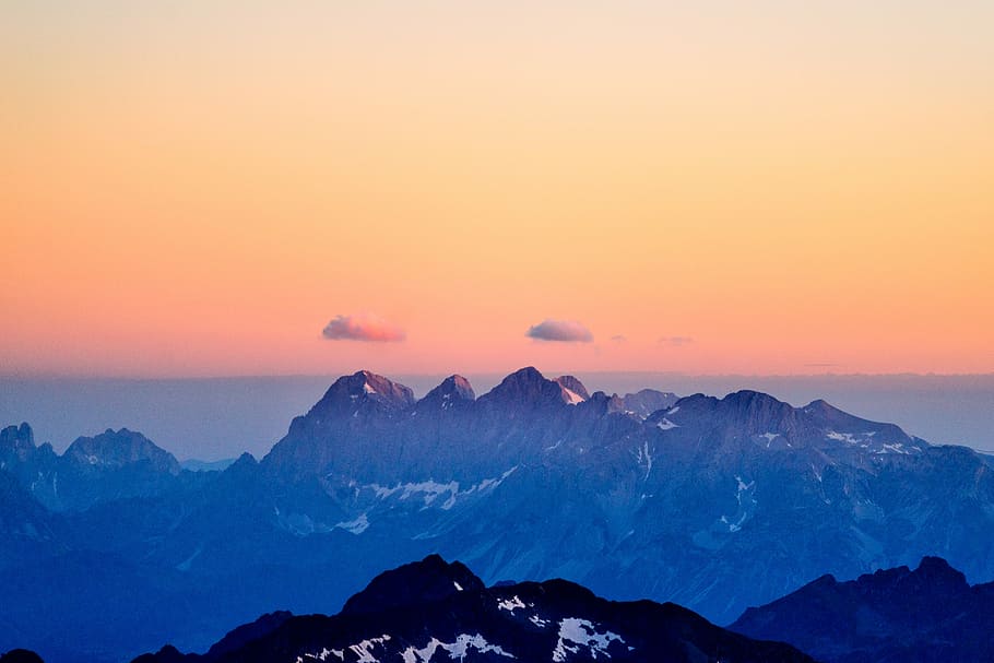 aerial photography of mountain, gray rocky mountain, sunset, cloud HD wallpaper
