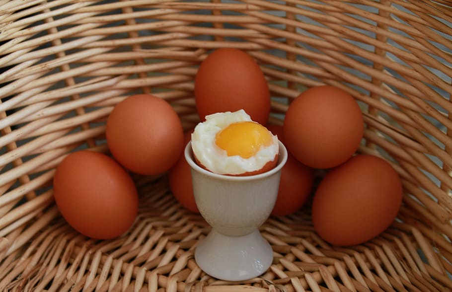 brown egg on wicker basket, eggs, soft boiled egg, egg yolk, egg white