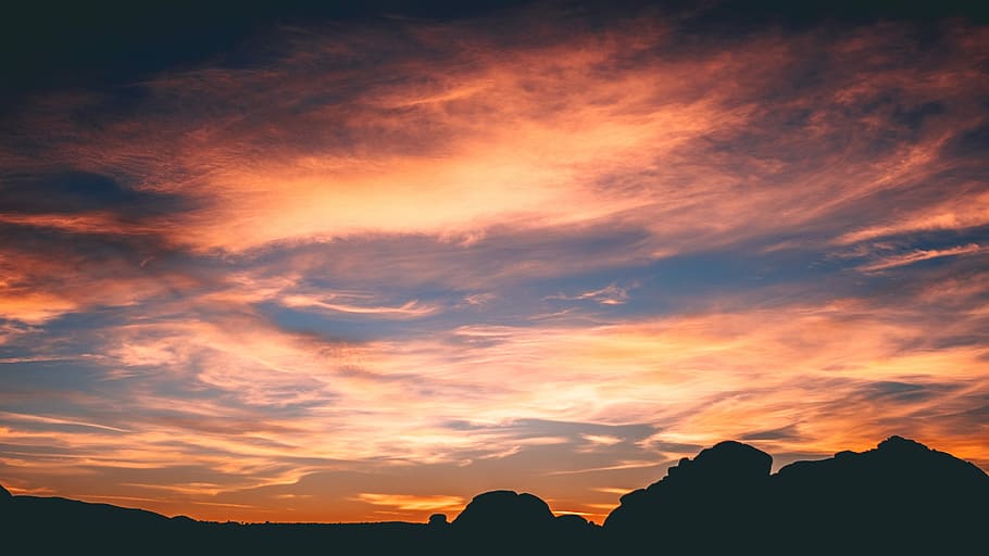 photo of golden hour, silhouette of mountain range under orange clouds at sunset HD wallpaper