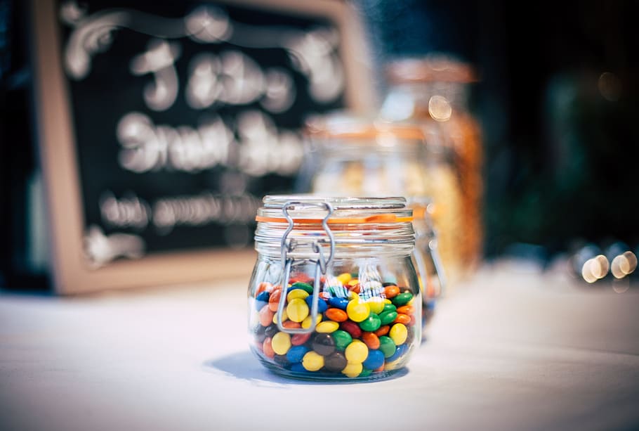 candy, smarties, chocolate, glass, jar, food, multi colored HD wallpaper