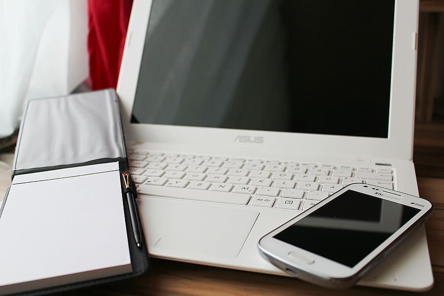 white Asus laptop computer, notebook, smartphone, home office HD wallpaper