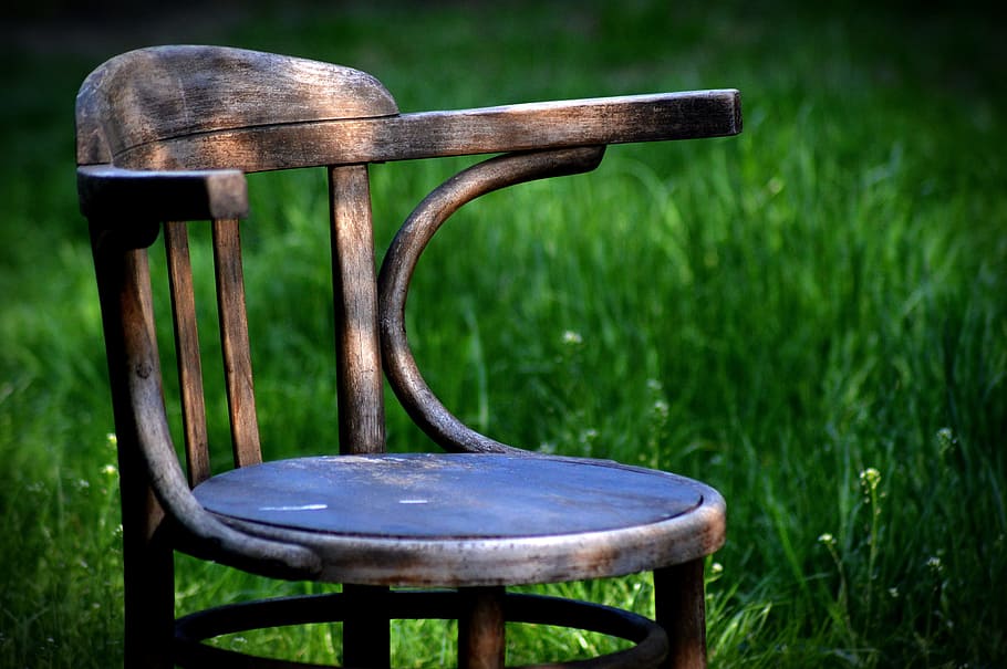 brown wooden armchair, old chair, garden, vintage, ornament, grass