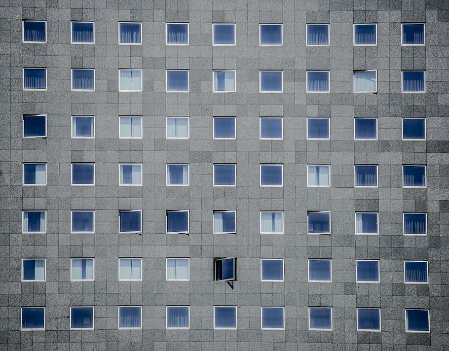 gray concrete building photography, gray concrete building with clear glass windows HD wallpaper