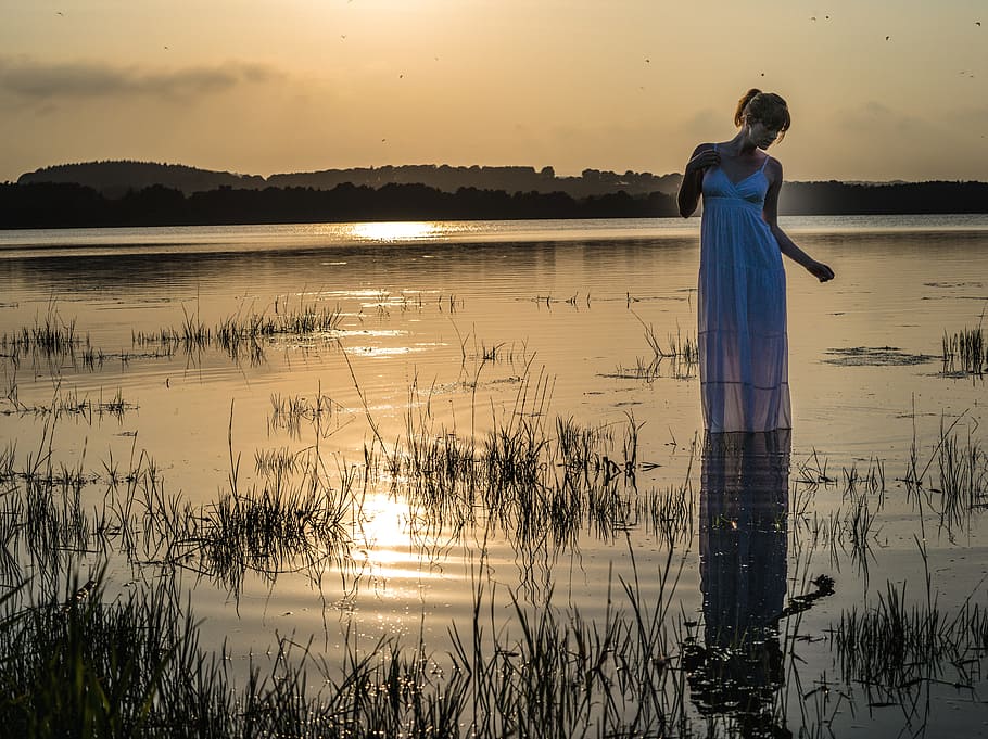 woman in white sleeveless dress photography, sunset, water HD wallpaper