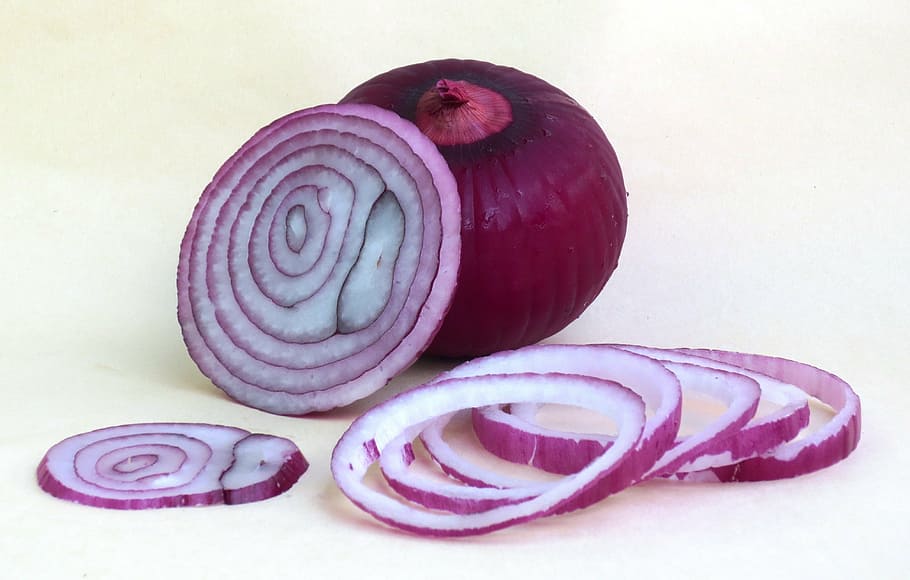 one bulb of onion and onion rings, chopped onion, red onion, food