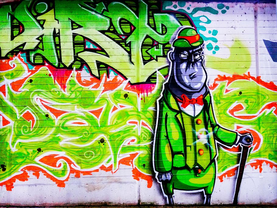 graffiti, hat, human, decoration, painted, wall, art, figure HD wallpaper