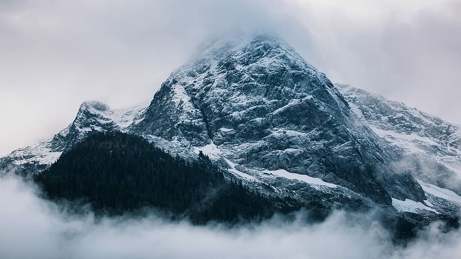 gray mountain covered in snow at daytime, snow mountain during daytime HD wallpaper
