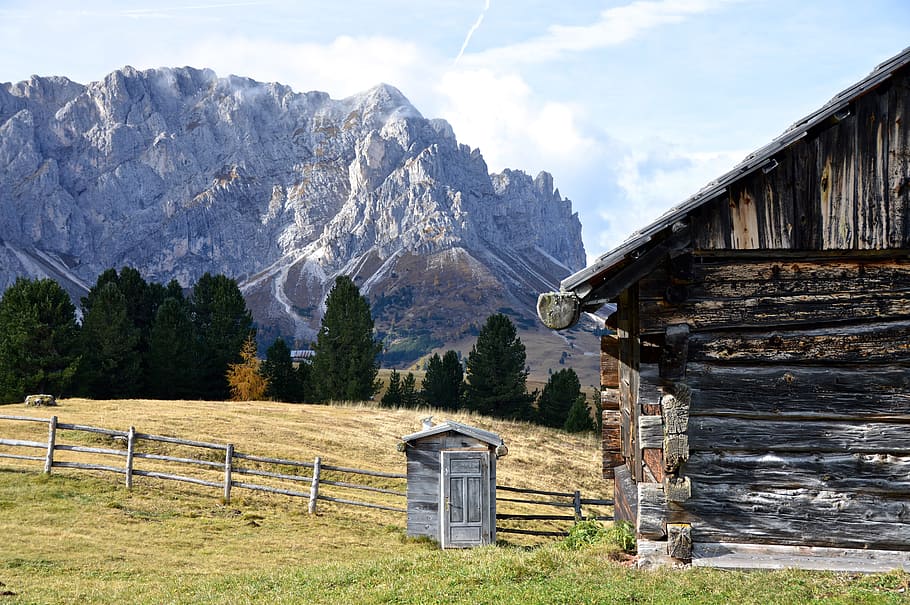 Hut, Dolomites, Mountains, Grass, sky, rock, hiking, holiday HD wallpaper