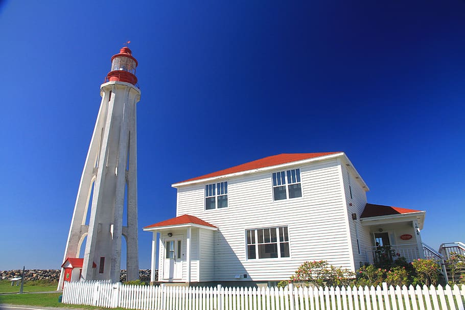 lighthouse, ocean, side, québec, rocks, architecture, built structure HD wallpaper