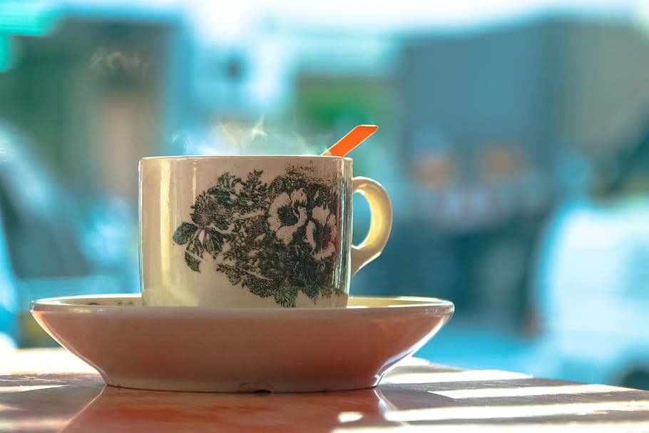 White and Green Ceramic Mug on White Ceramic Plate, break, caffeine HD wallpaper