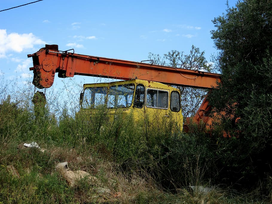 shut down, old, crane, leave, abandoned, site, plant, tree HD wallpaper