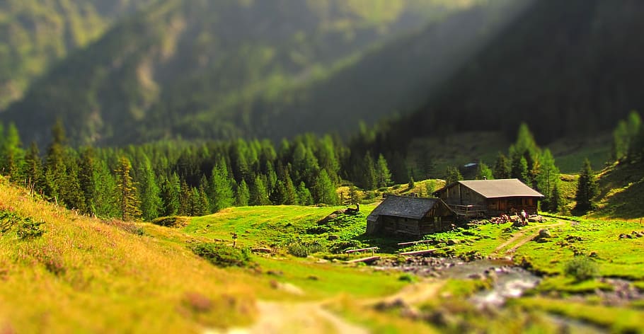 selective focus photography of house near mountain at daytime HD wallpaper