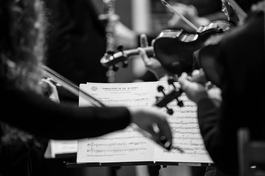 grayscale photography of music notes, concert, violins, concerto in d major for oboe, HD wallpaper
