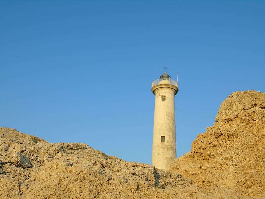 lighthouse, rocks, summer, cliffs, sky, blue, tower, clear sky HD wallpaper