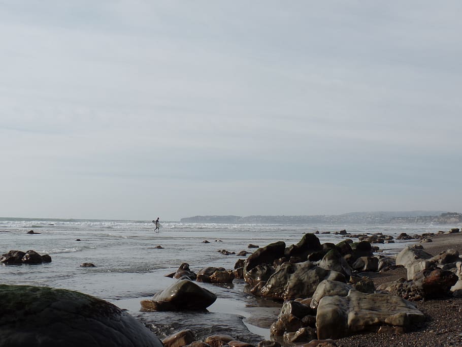 surfer, rocks, beach, surfing, stone, low tide, sea, water HD wallpaper