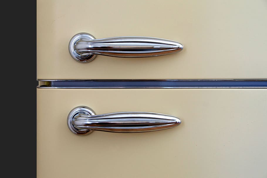 closed beige 2-drawer chest, handles, door, refrigerator, chrome, HD wallpaper