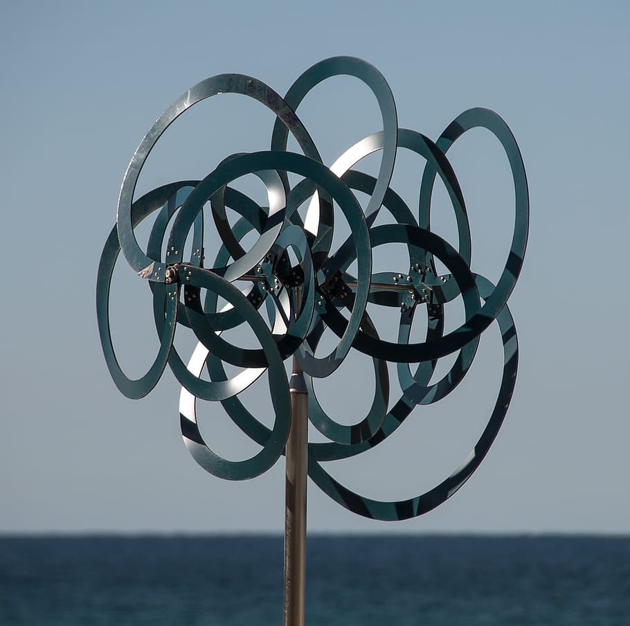 metal, silver, circles, spinning, wind, sculpture, art, contemporary HD wallpaper