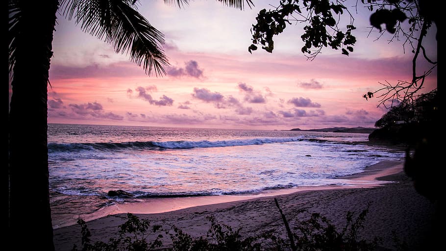beach, clouds, ocean, sand, sea, seascape, shore, silhouette HD wallpaper
