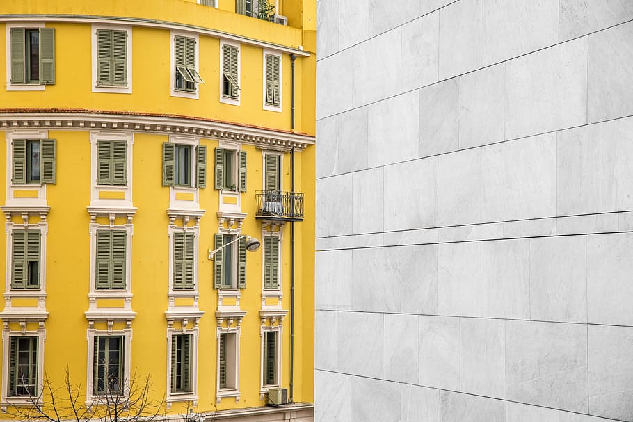 gray bricked wall, windows, shutters, facade, style, exterior HD wallpaper