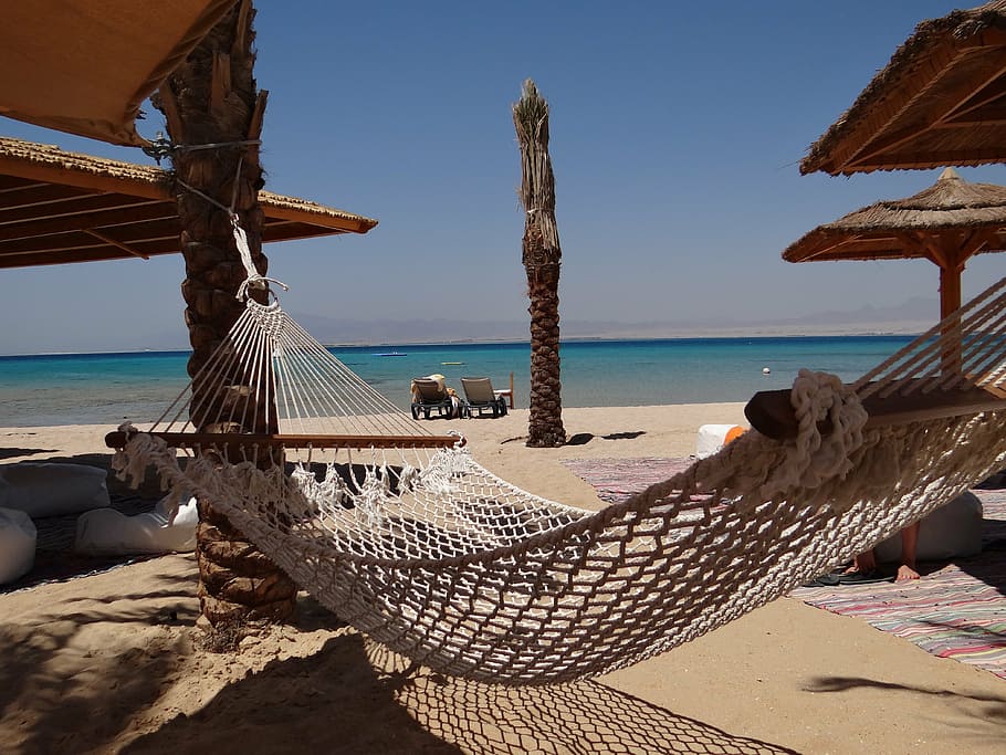 beach, hammock, holiday, sea, water, sky, land, nature, sand HD wallpaper