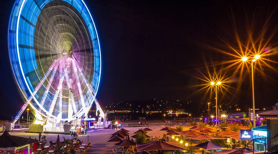 ferris wheel, fair, night, great, festival, light, colors, evening