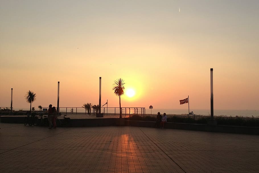 Sunset, Dyke, Ostend, silhouette, sky, water, outdoors, orange color HD wallpaper