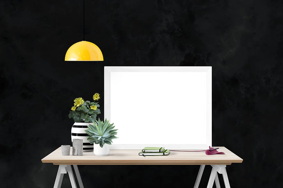 plants in pots on brown and white wooden table, mockup, interior HD wallpaper