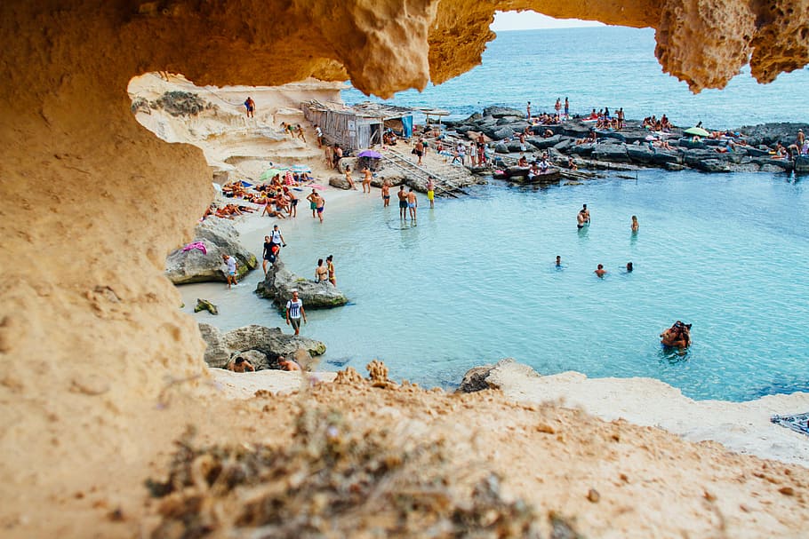 beach, beachlife, blue, cave, ocean, people, rock, rock formation HD wallpaper
