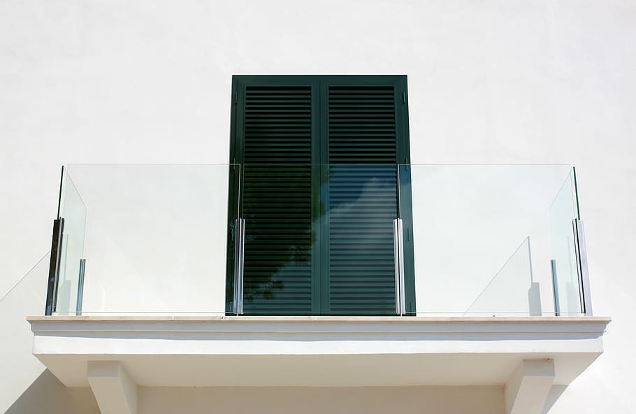 closed black wooden louvered door, window, balcony, modern HD wallpaper