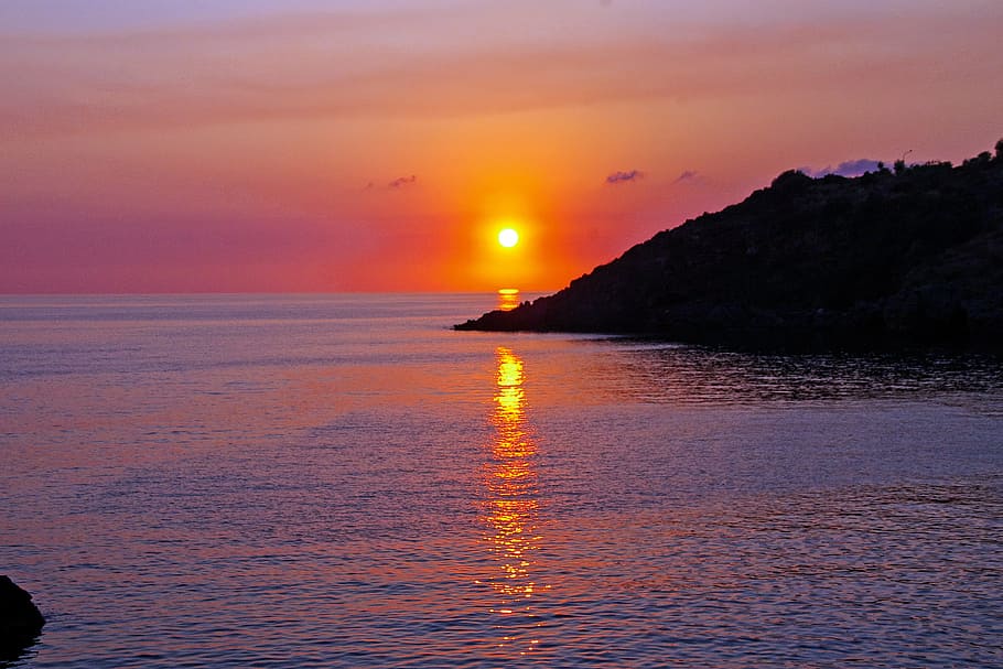 sunset, sea, tyrrhenian sea italy, red sky at night, reflections, HD wallpaper