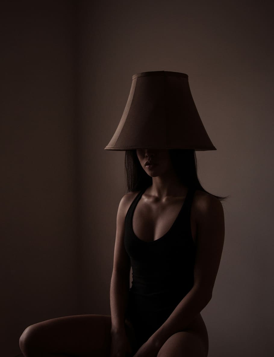 woman with brown lampshade on head, woman wearing black scoop-neck tank top with brown lampshade on her head, HD wallpaper