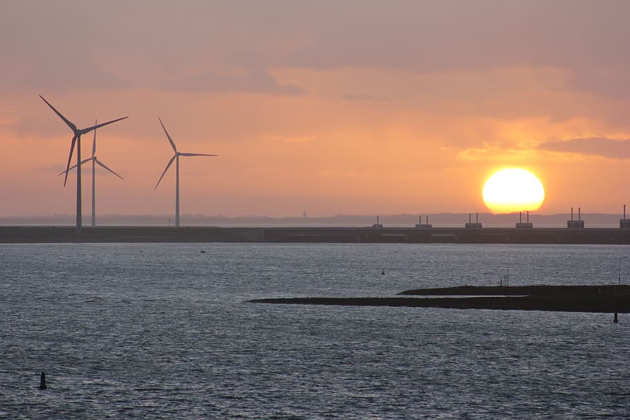 sunset, wind mill, water, environmental conservation, fuel and power generation HD wallpaper