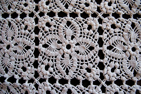 white knit floral textile on black surface, Lace, Hook, Wire HD wallpaper
