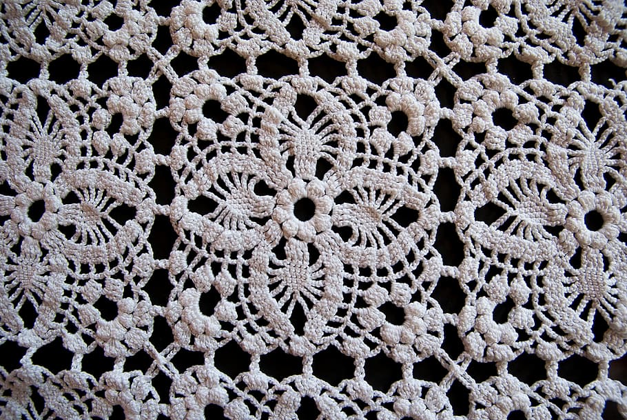 white knit floral textile on black surface, Lace, Hook, Wire HD wallpaper