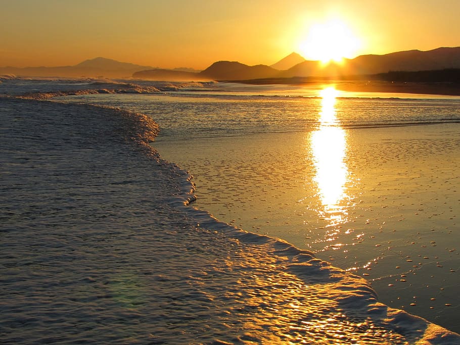 ocean, volcano, mountains, wave, sunset, seascape, surf, coast HD wallpaper