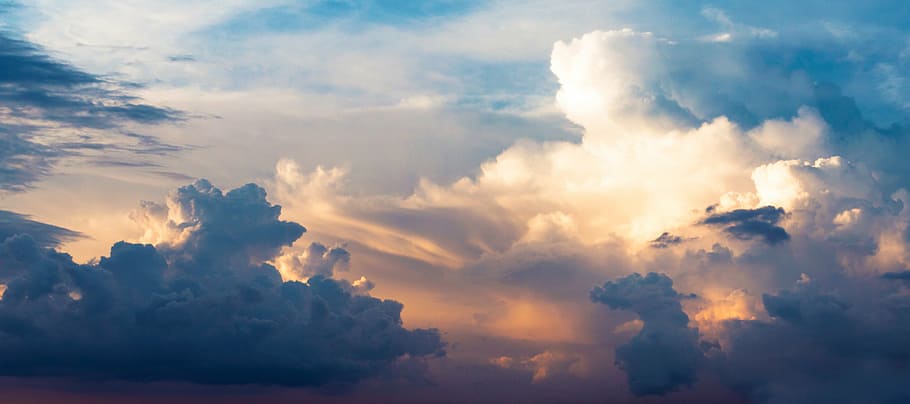 white clouds and blue sky, sunset, the clouds, the sky, dark blue HD wallpaper