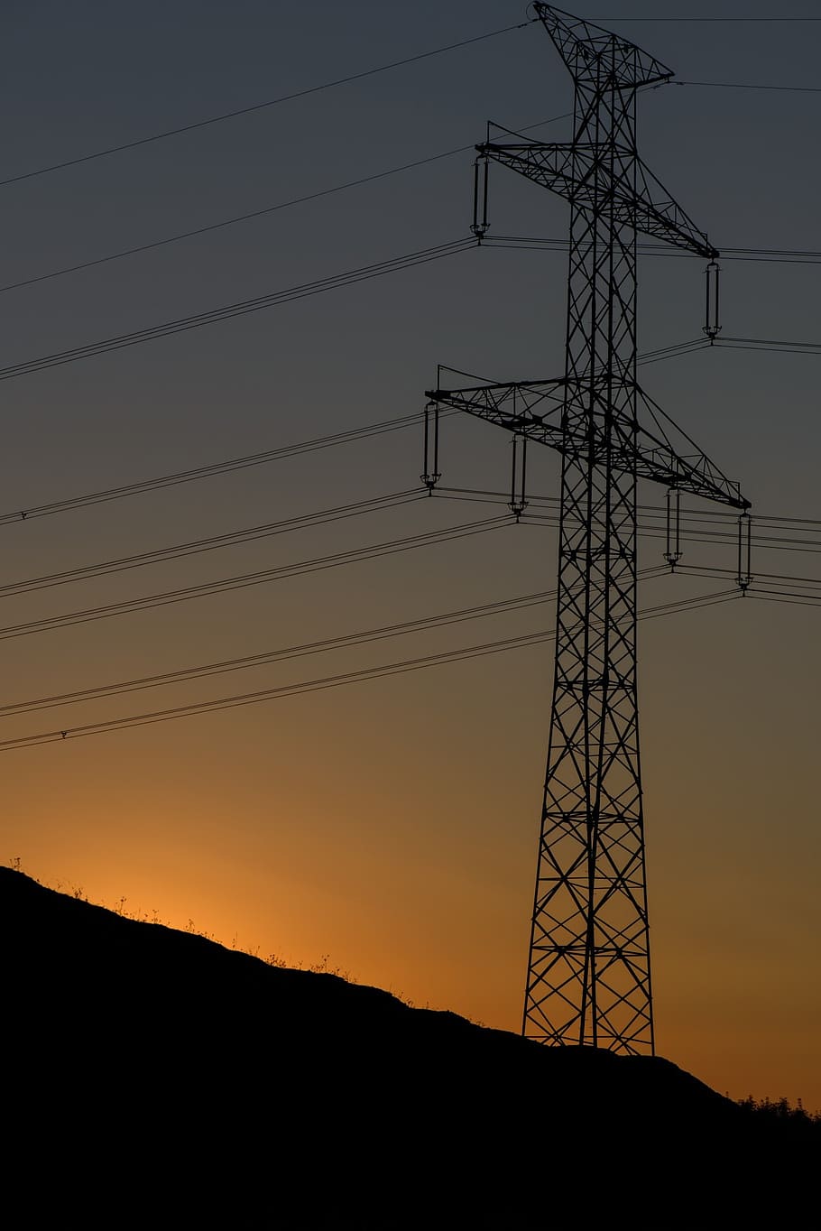 sunset, electric pylon, wires, lines, silhouette, orange, tall, HD wallpaper
