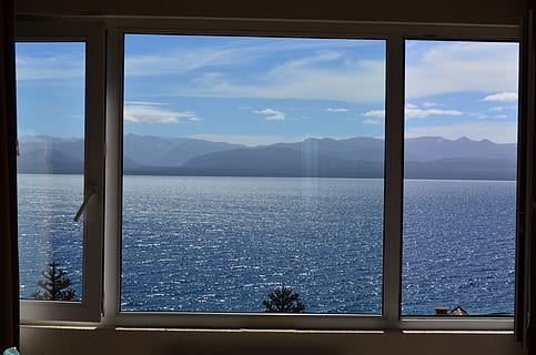view, window, lake, water, scenics - nature, mountain, sea HD wallpaper