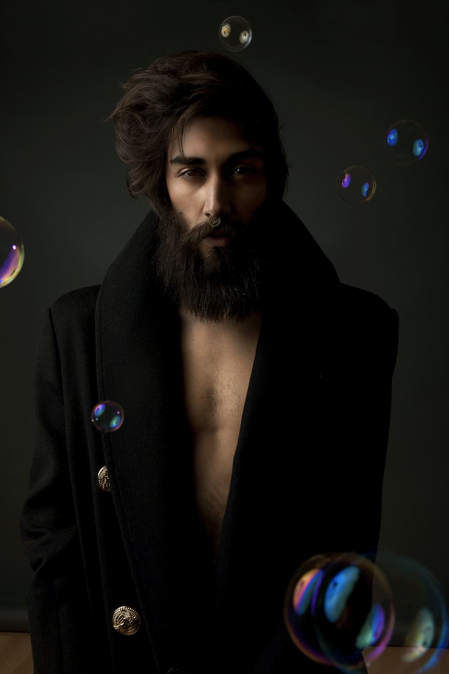 man in black coat with bubbles effects photo, photo of man in black robe HD wallpaper
