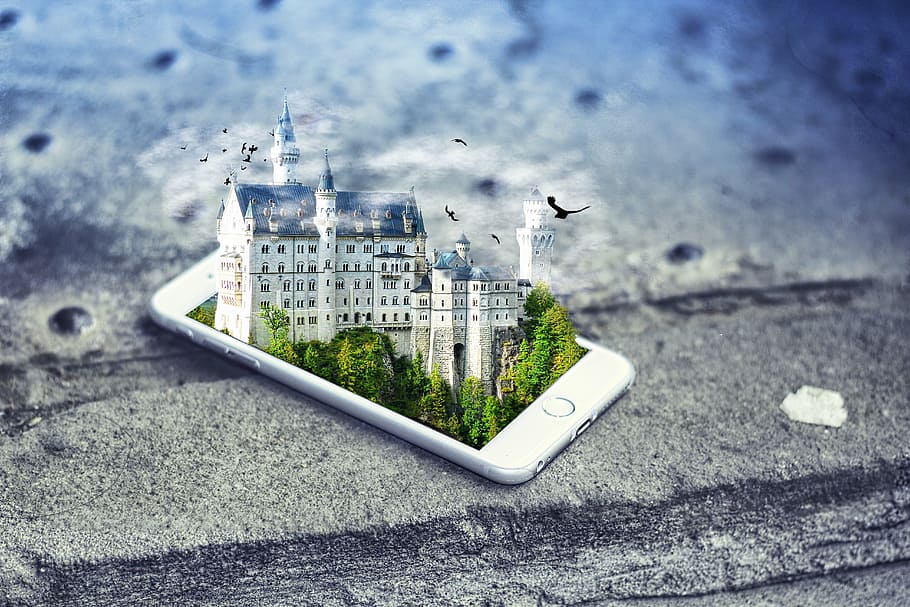 silver iPhone 6 with building, smartphone, castle, mobile, virtual reality HD wallpaper